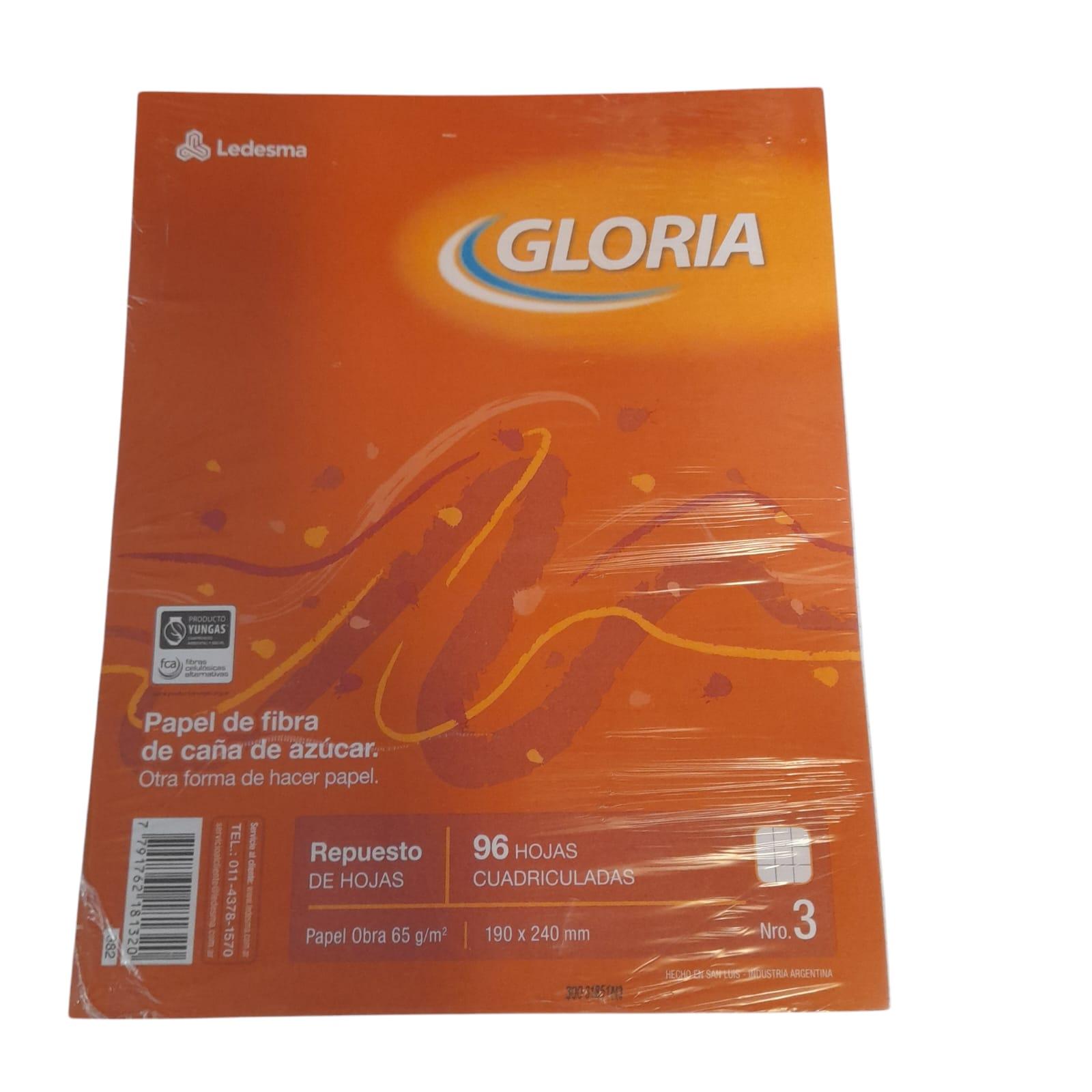 REPUESTO DE HOJAS N*3 X 96 HOJAS CUADRICULADAS GLORIA